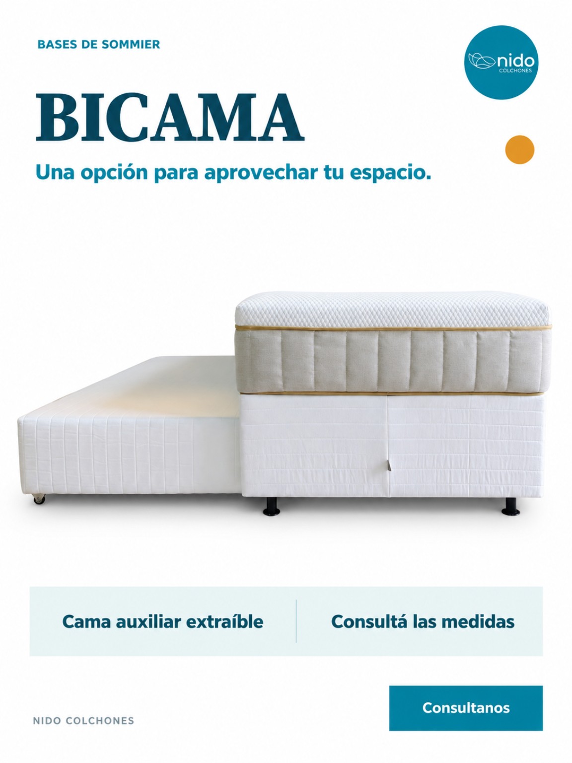 Bicama Ombú vista lateral con cama auxiliar extraíble.